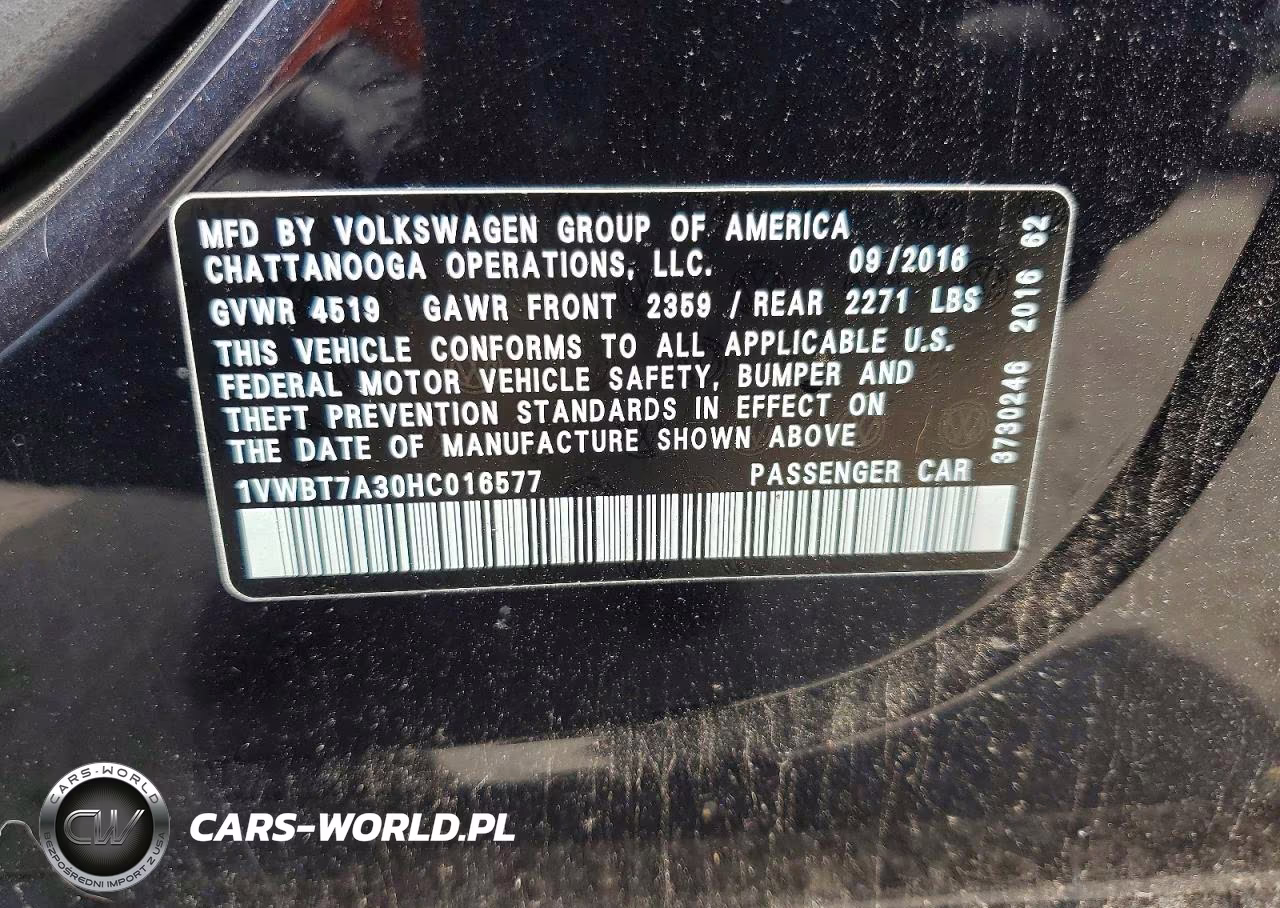 2017 Volkswagen Passat Se VIN:1VWBT7A30HC016577 - 12