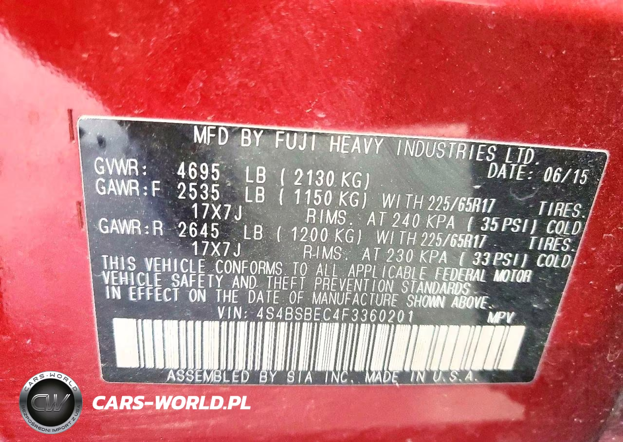 2015 Subaru Outback 2.5I Premium VIN:4S4BSBEC4F3360201 - 13
