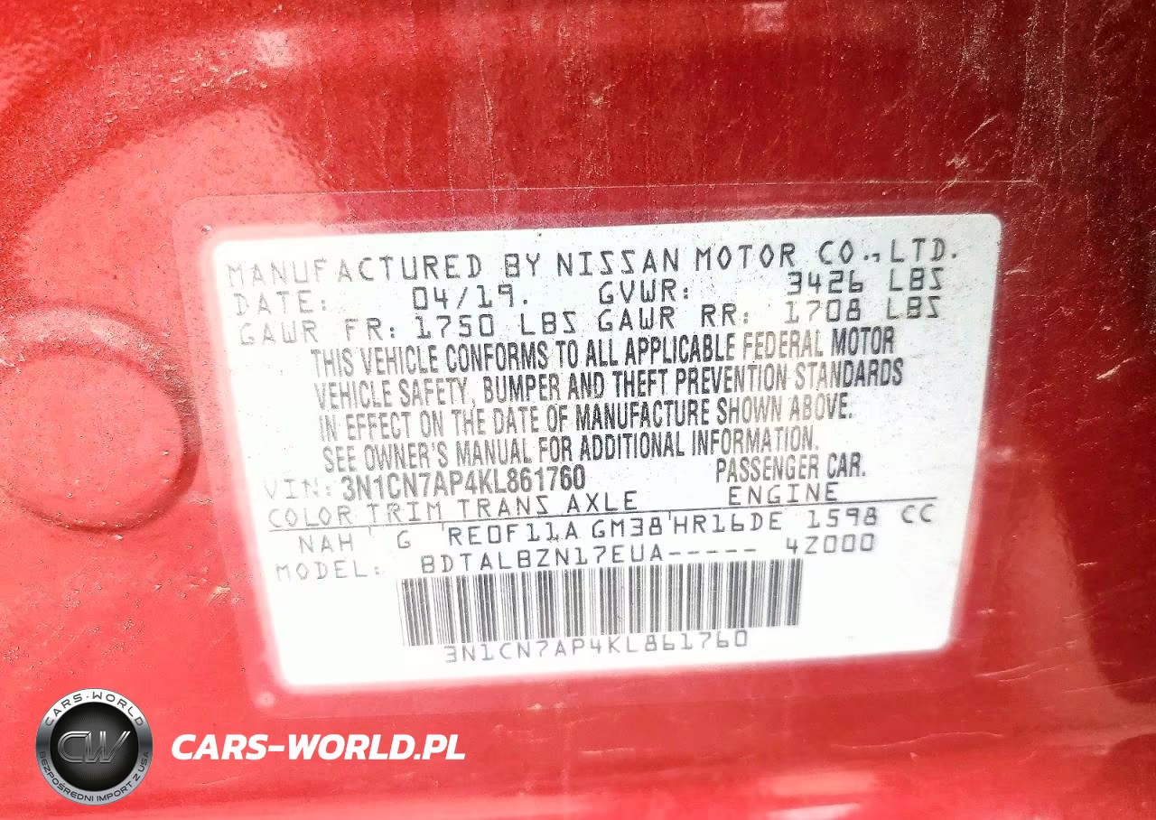 2019 Nissan Versa Sv VIN:3N1CN7AP4KL861760 - 12