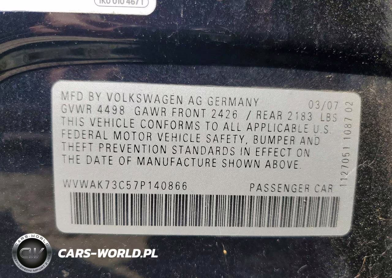 2007 Volkswagen Passat 2.0T VIN:WVWAK73C57P140866 - 12