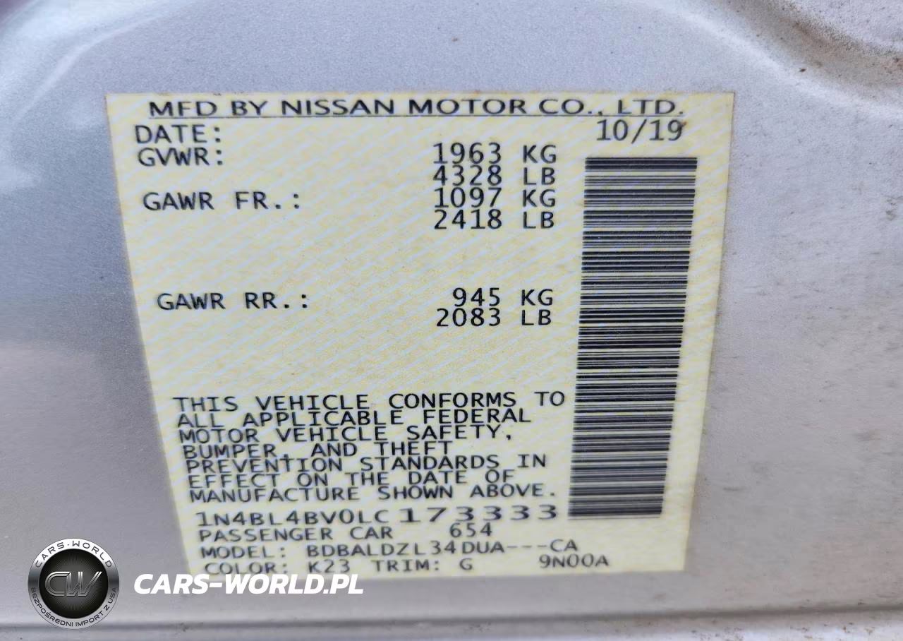 2020 Nissan Altima S VIN:1N4BL4BV0LC173333 - 12