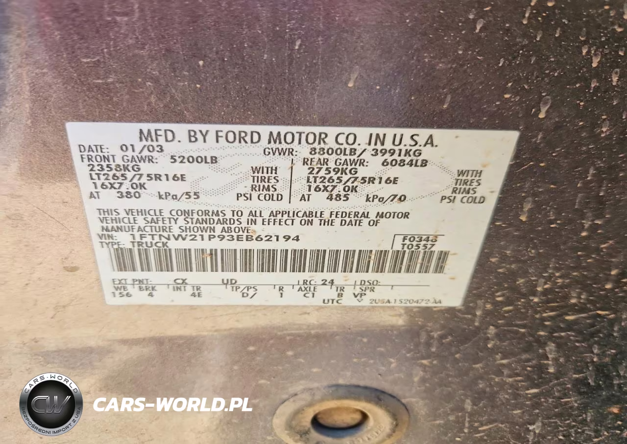2003 Ford F250 Super Duty VIN:1FTNW21P93EB62194 - 12