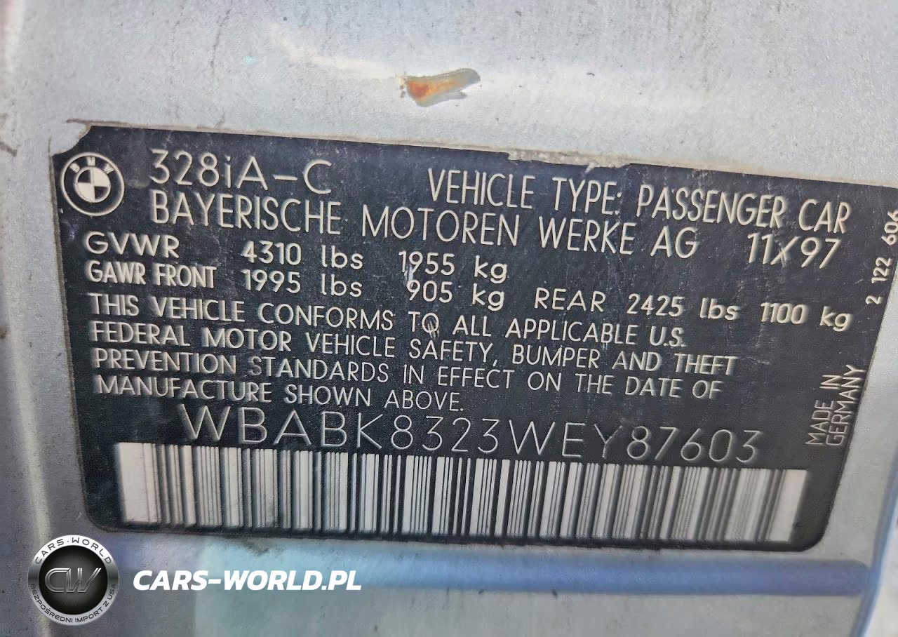 1998 BMW 328 Ic Automatic VIN:WBABK8323WEY87603 - 12