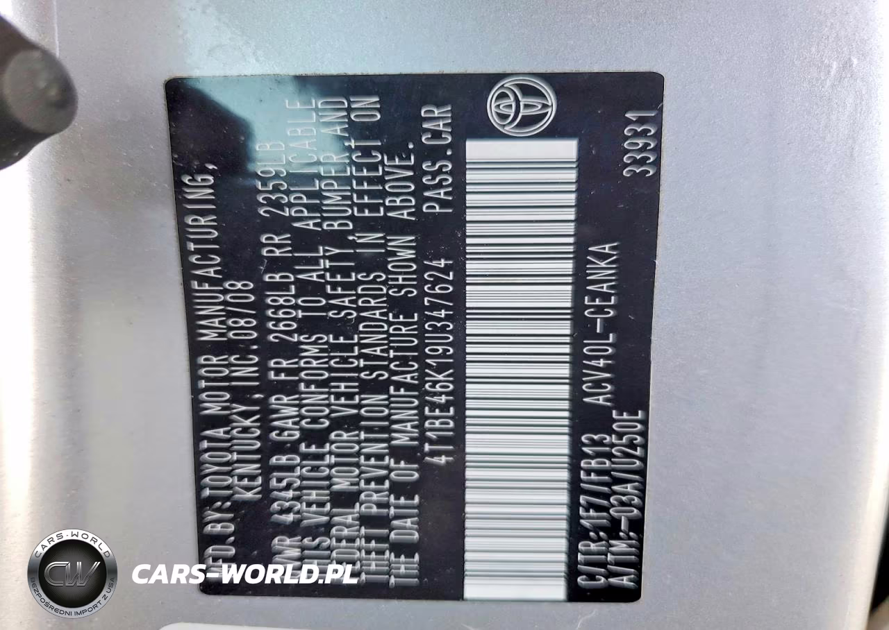 2009 Toyota Camry Base VIN:4T1BE46K19U347624 - 12