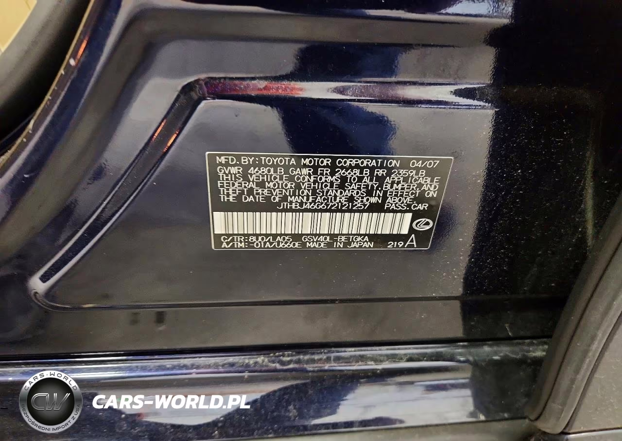 2007 Lexus Es 350 VIN:JTHBJ46G672121257 - 12