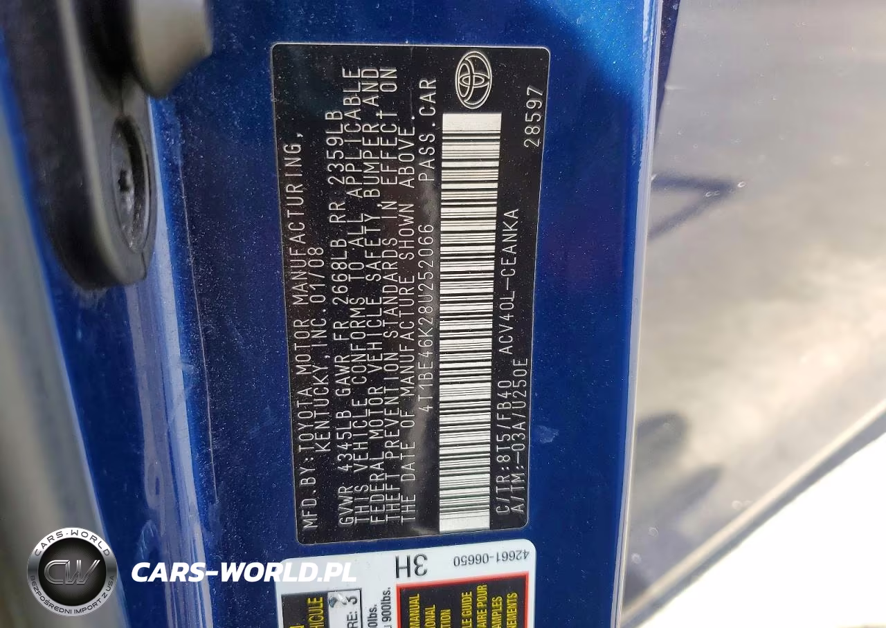 2008 Toyota Camry Le VIN:4T1BE46K28U252066 - 12