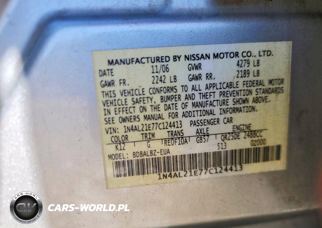 2007 Nissan Altima 2.5-2.5S VIN:1N4AL21E77C124413 - 12