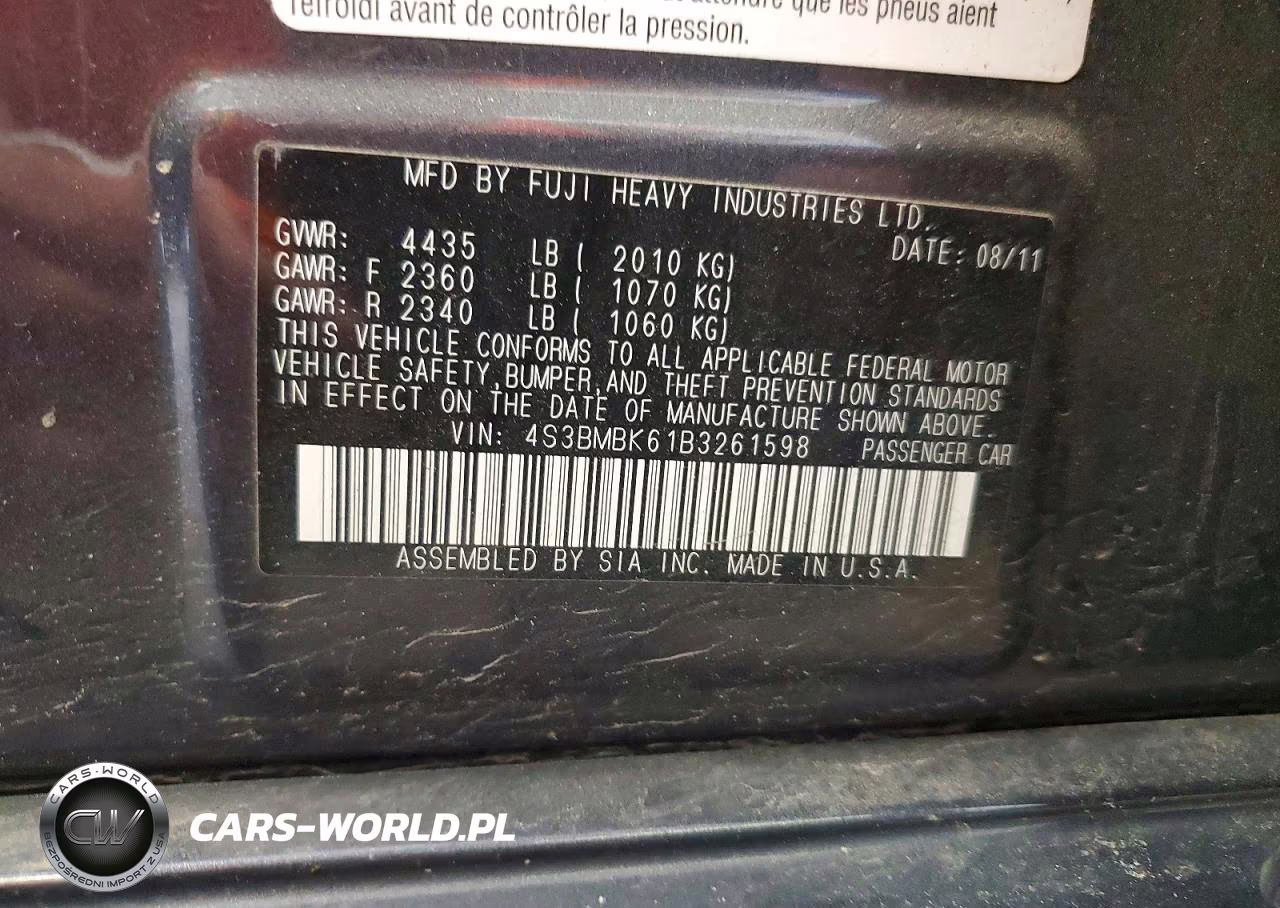 2011 Subaru Legacy 2.5I Limited VIN:4S3BMBK61B3261598 - 12