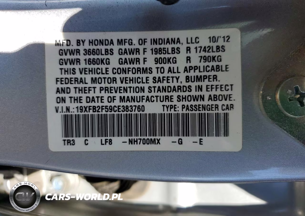 2012 Honda Civic Lx VIN:19XFB2F59CE383760 - 12