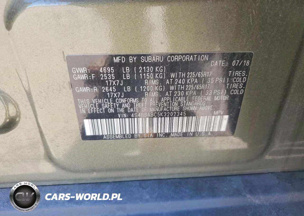 2019 Subaru Outback 2.5I VIN:4S4BSABC5K3202345 - 12