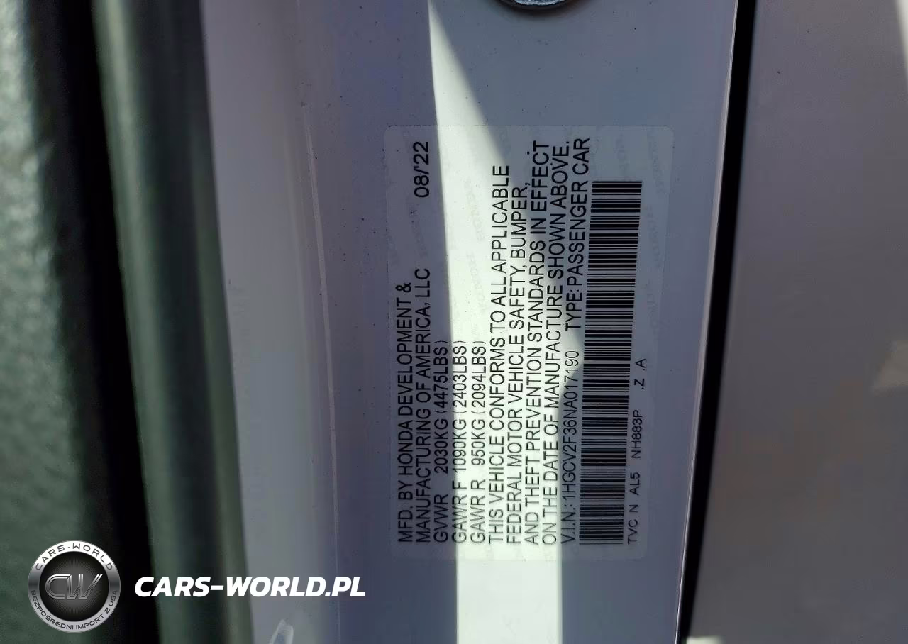 2022 Honda Accord Sport VIN:1HGCV2F36NA017190 - 12