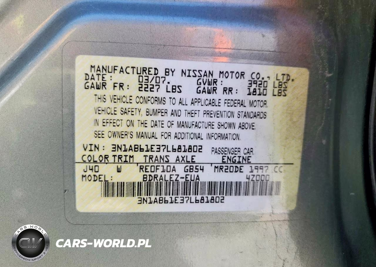 2007 Nissan Sentra 2.0 VIN:3N1AB61E37L681802 - 12