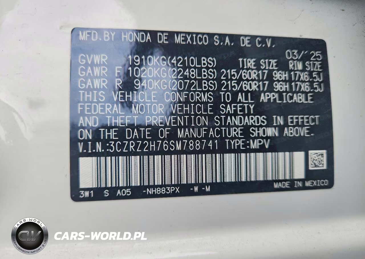 2025 Honda Hr-V Exl VIN:3CZRZ2H76SM788741 - 13
