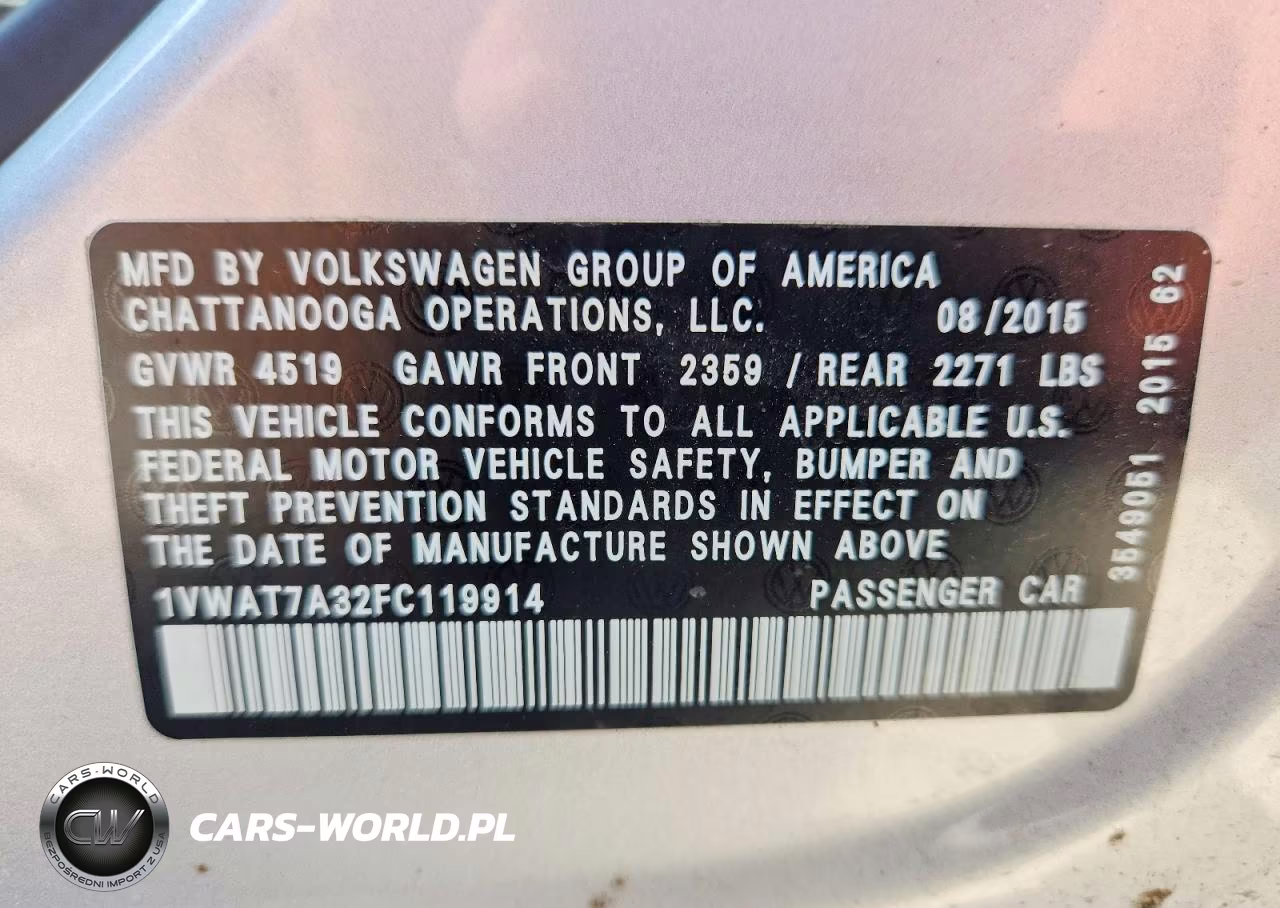2015 Volkswagen Passat S VIN:1VWAT7A32FC119914 - 12