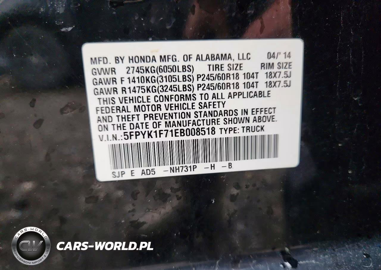 2014 Honda Ridgeline Sport VIN:5FPYK1F71EB008518 - 12