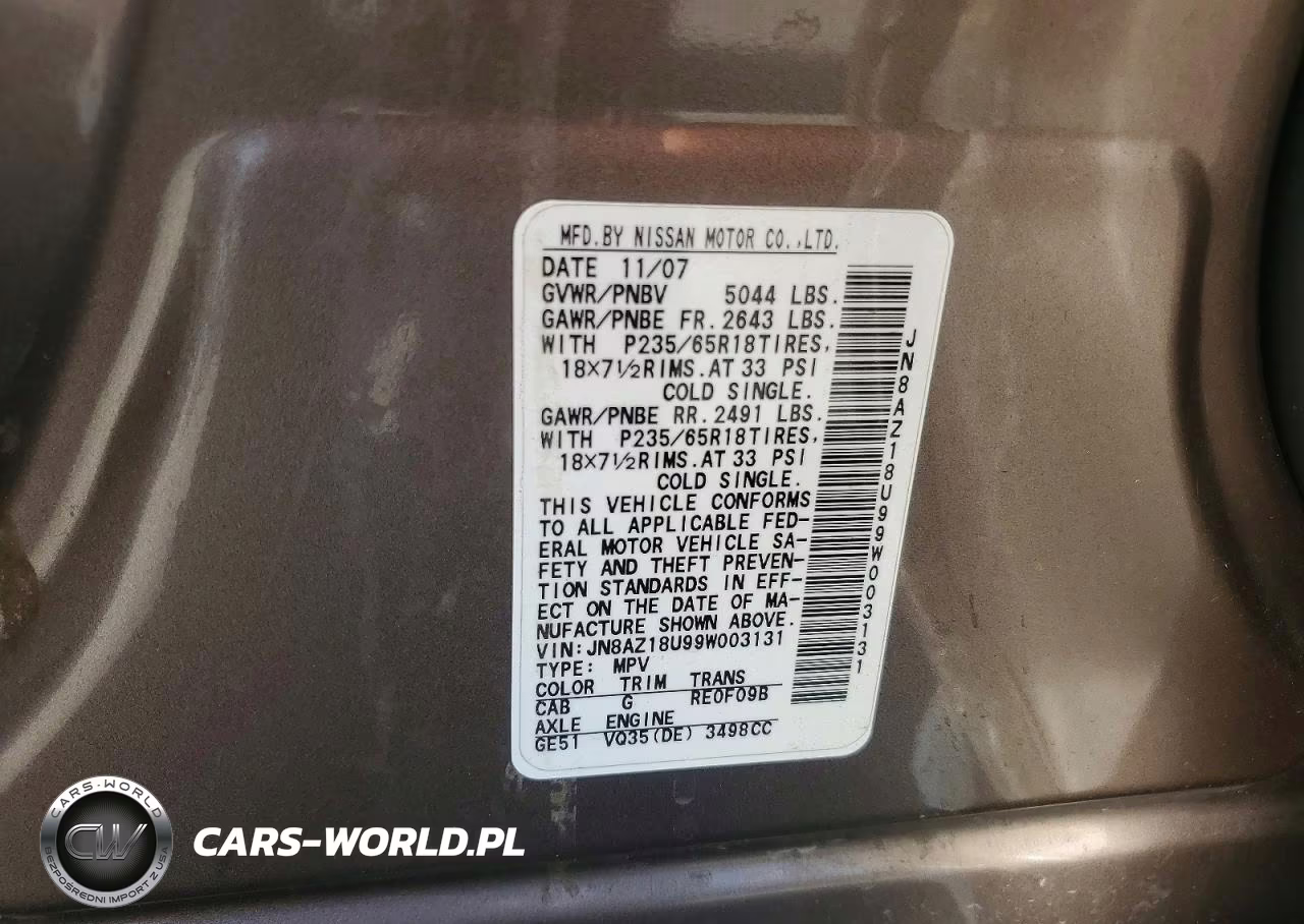 2009 Nissan Murano S VIN:JN8AZ18U99W003131 - 12