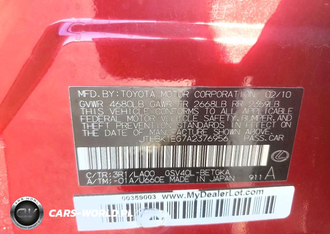 2010 Lexus Es 350 VIN:JTHBK1EG7A2376956 - 12