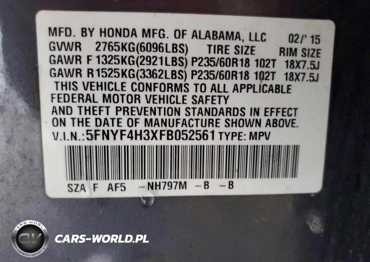 2015 Honda Pilot Se VIN:5FNYF4H3XFB052561 - 13