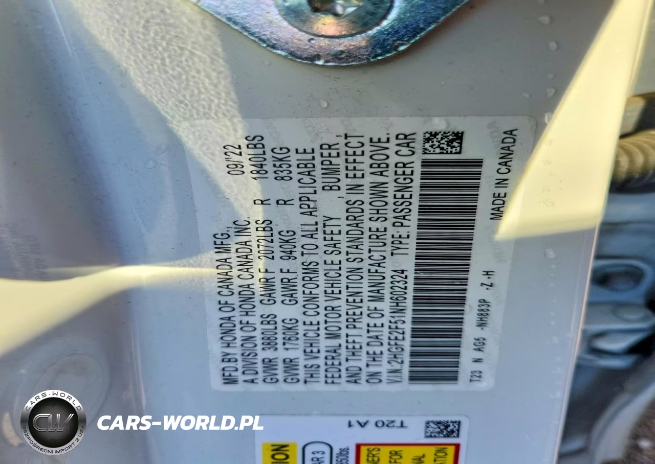 2022 Honda Civic Sport VIN:2HGFE2F51NH602324 - 12