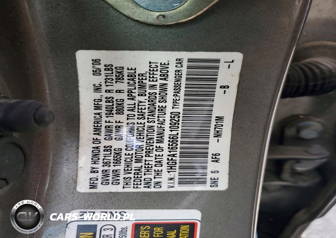 2006 Honda Civic Lx VIN:1HGFA16566L109250 - 12