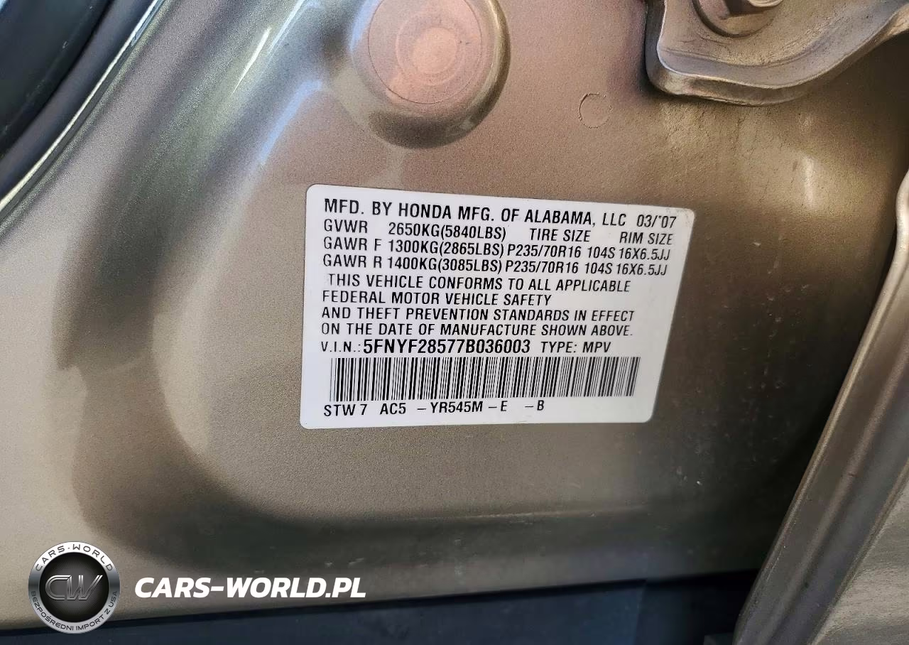 2007 Honda Pilot Exl VIN:5FNYF28577B036003 - 12