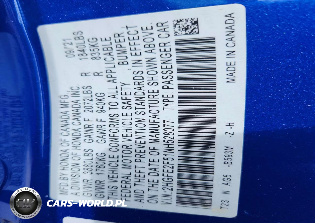 2022 Honda Civic Sport VIN:2HGFE2F51NH528077 - 12