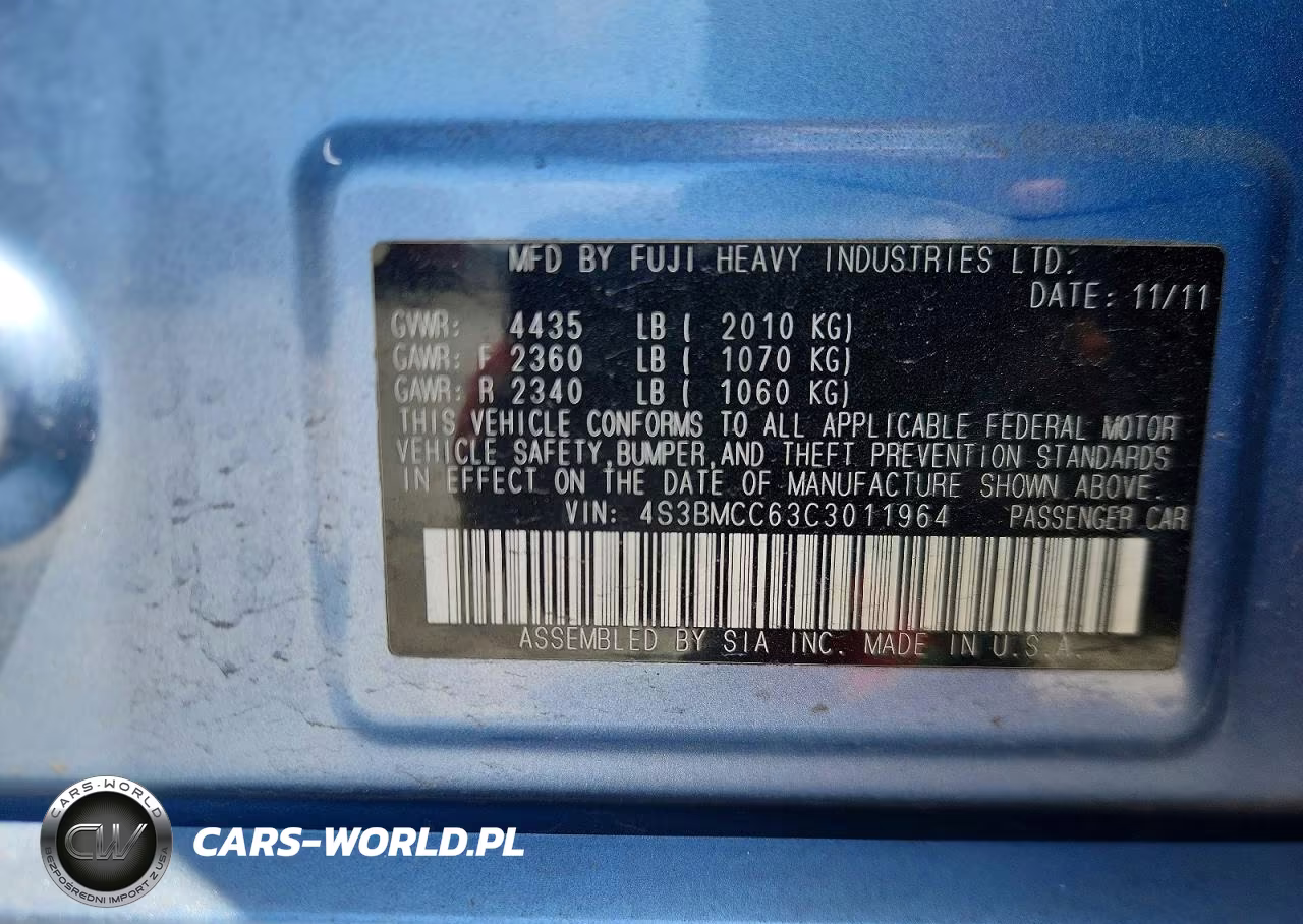 2012 Subaru Legacy 2.5I Premium VIN:4S3BMCC63C3011964 - 12