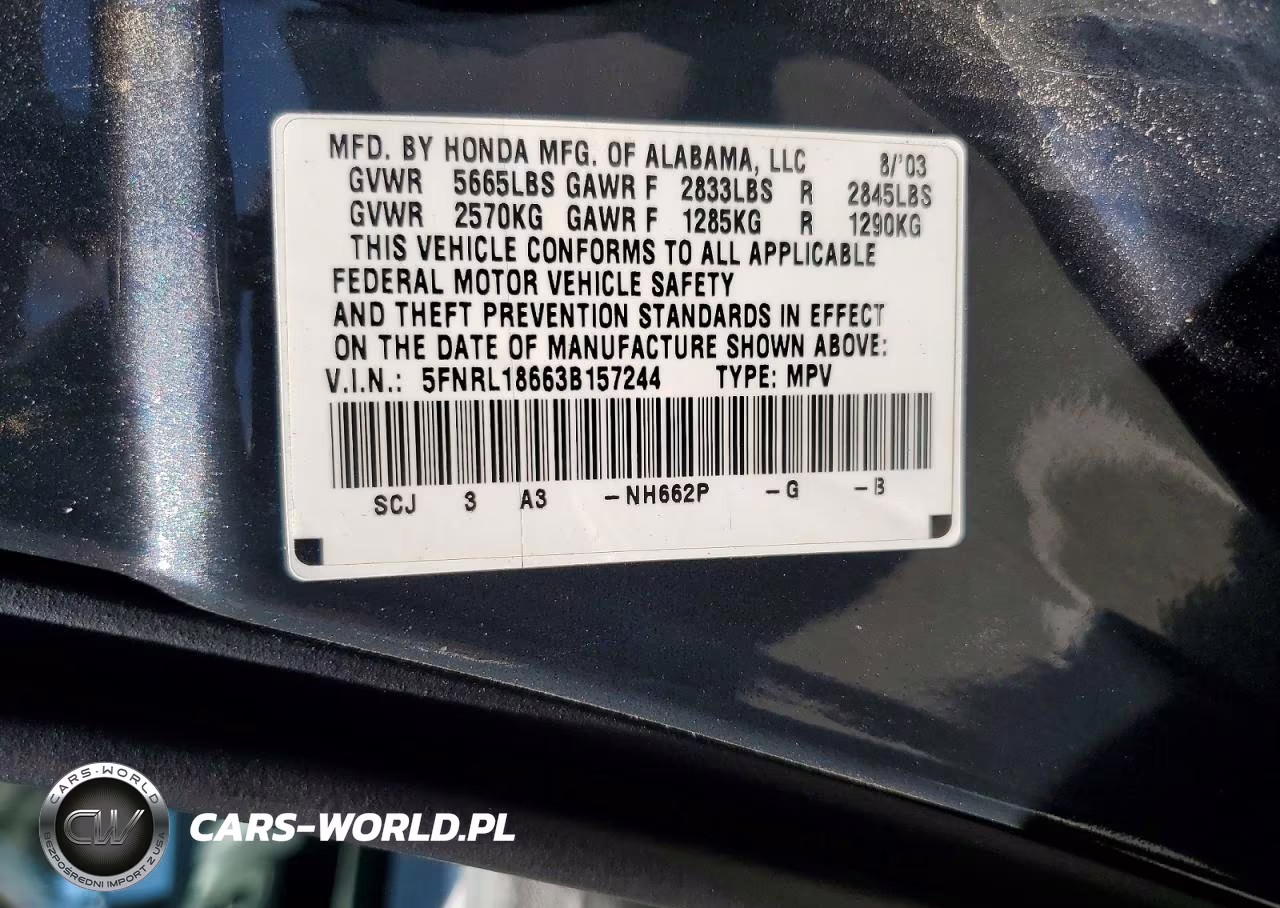 2003 Honda Odyssey Ex-L With Res VIN:5FNRL18663B157244 - 13