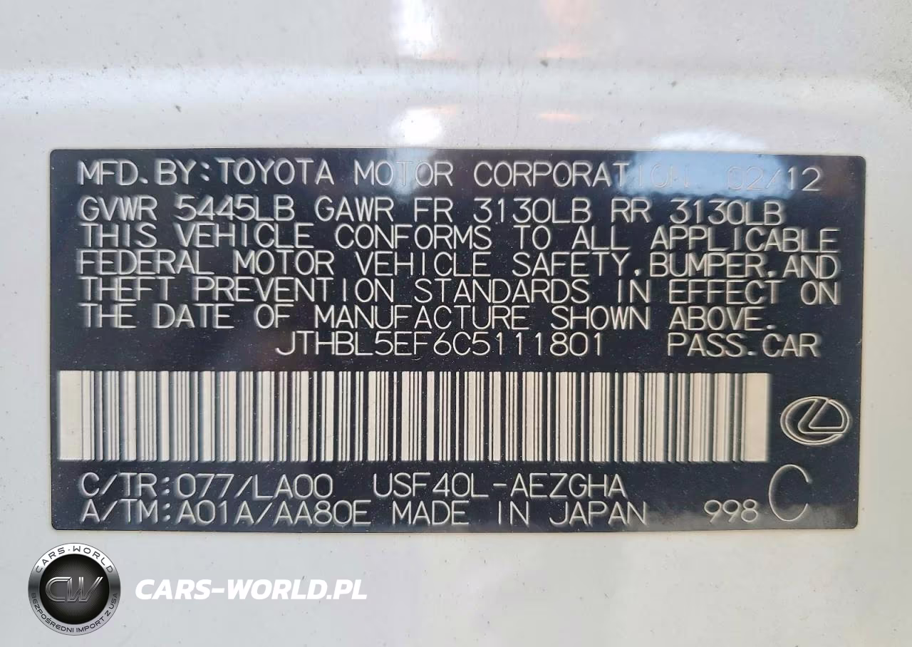 2012 Lexus Ls 460 VIN:JTHBL5EF6C5111801 - 12