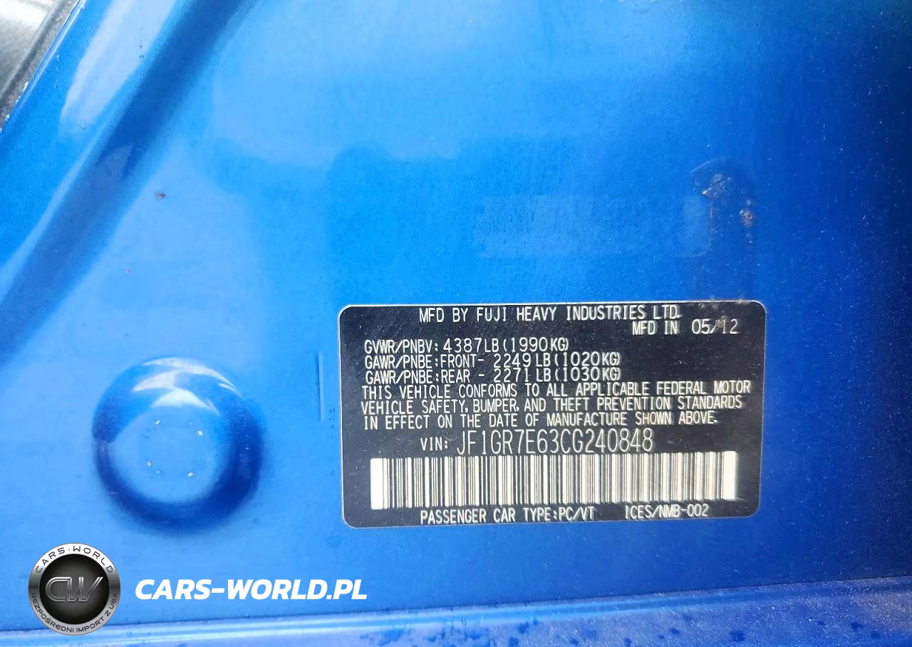 2012 Subaru Impreza Wrx VIN:JF1GR7E63CG240848 - 12