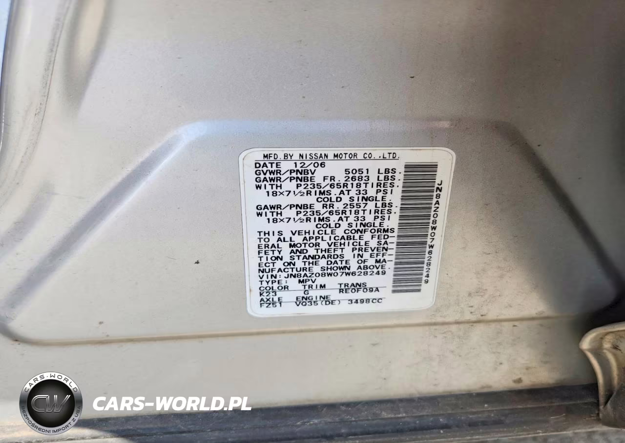 2007 Nissan Murano S VIN:JN8AZ08W07W628249 - 13