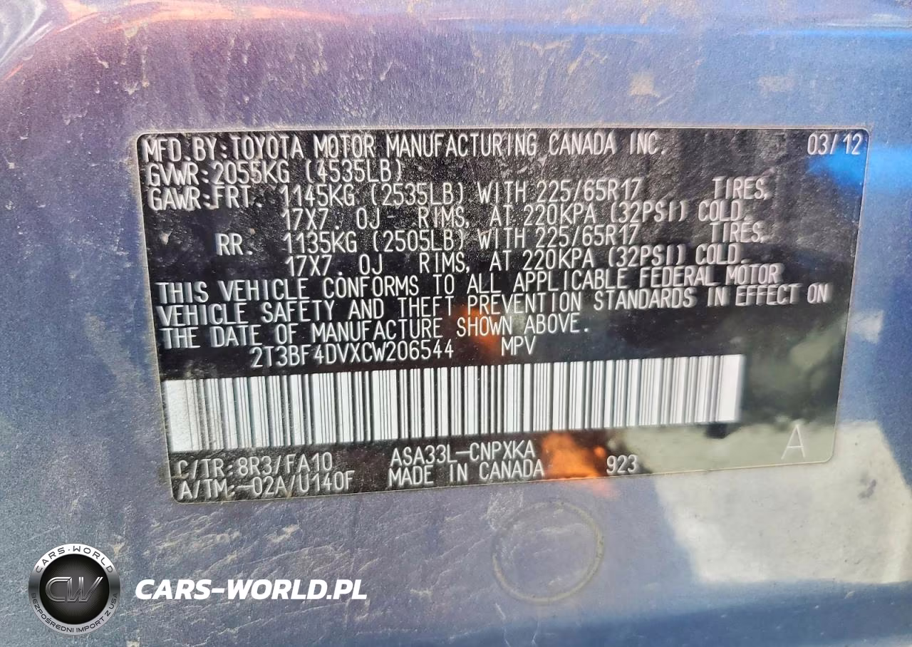 2012 Toyota Rav4 Base VIN:2T3BF4DVXCW206544 - 12