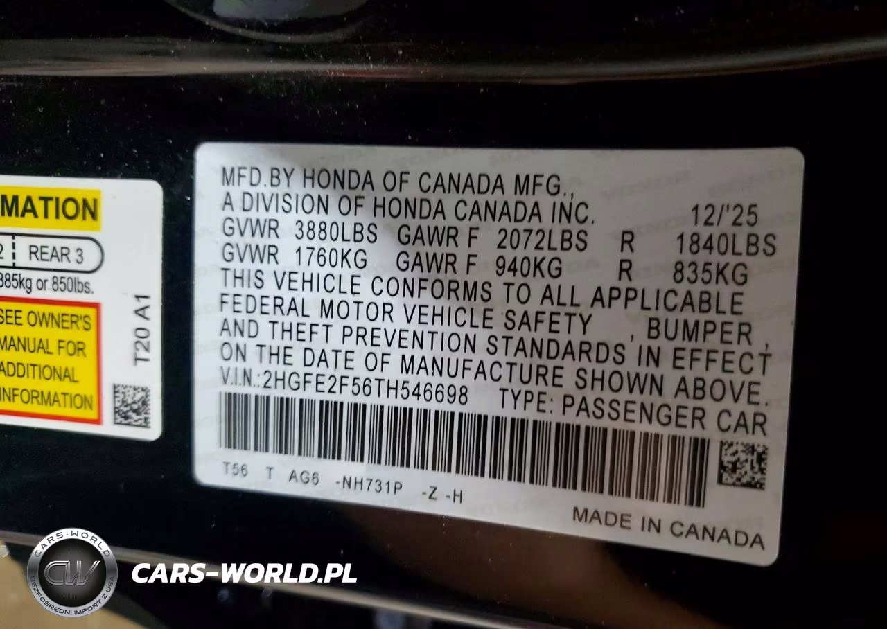 2026 Honda Civic Sport VIN:2HGFE2F56TH546698 - 12
