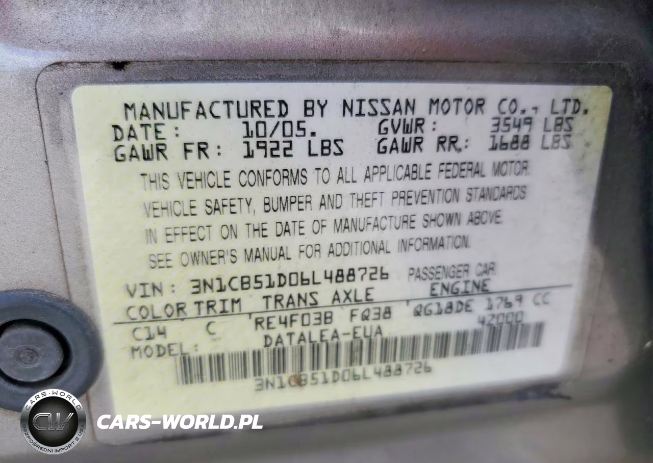2006 Nissan Sentra 1.8 VIN:3N1CB51D06L488726 - 13