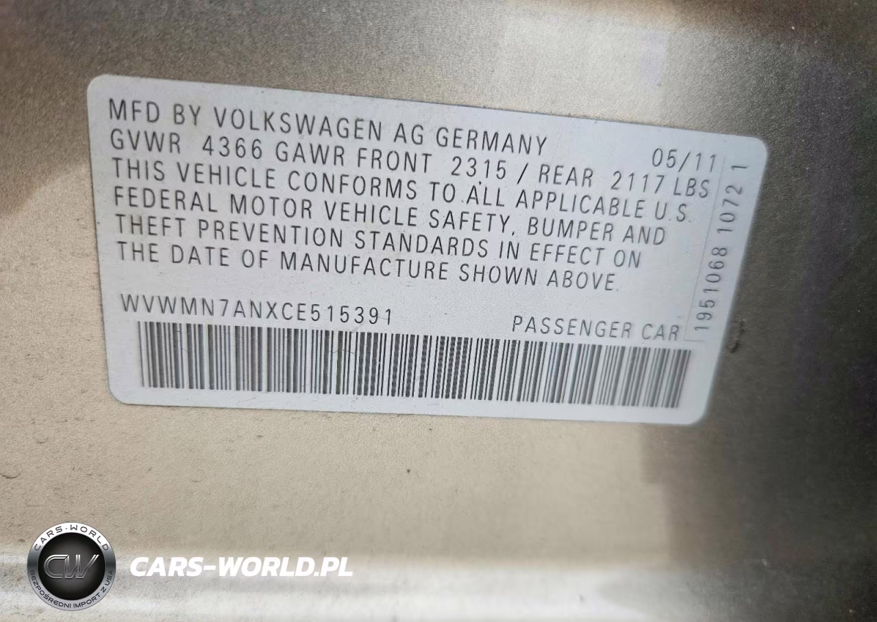 2012 Volkswagen Cc Sport VIN:WVWMN7ANXCE515391 - 12