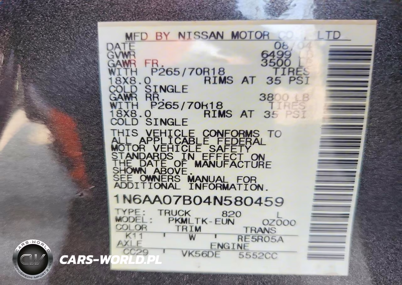 2004 Nissan Titan Xe VIN:1N6AA07B04N580459 - 12