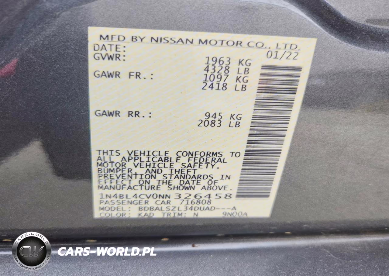 2022 Nissan Altima Sr VIN:1N4BL4CV0NN326458 - 12