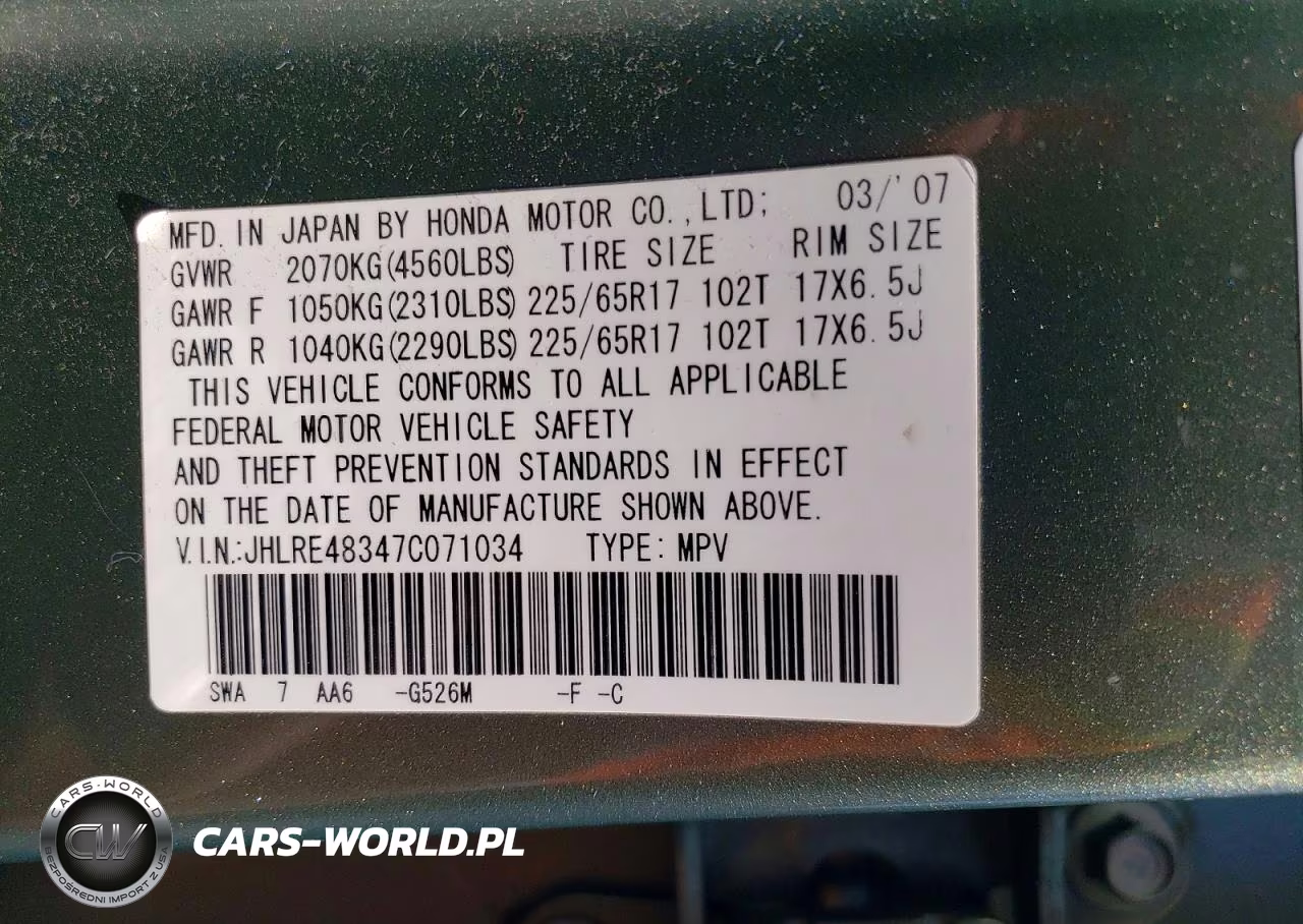 2007 Honda Cr-V Lx VIN:JHLRE48347C071034 - 12