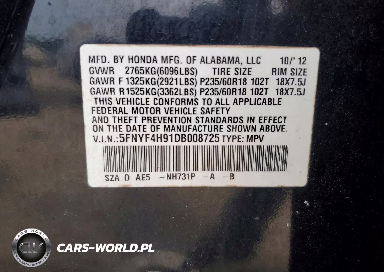 2013 Honda Pilot Touring VIN:5FNYF4H91DB008725 - 13