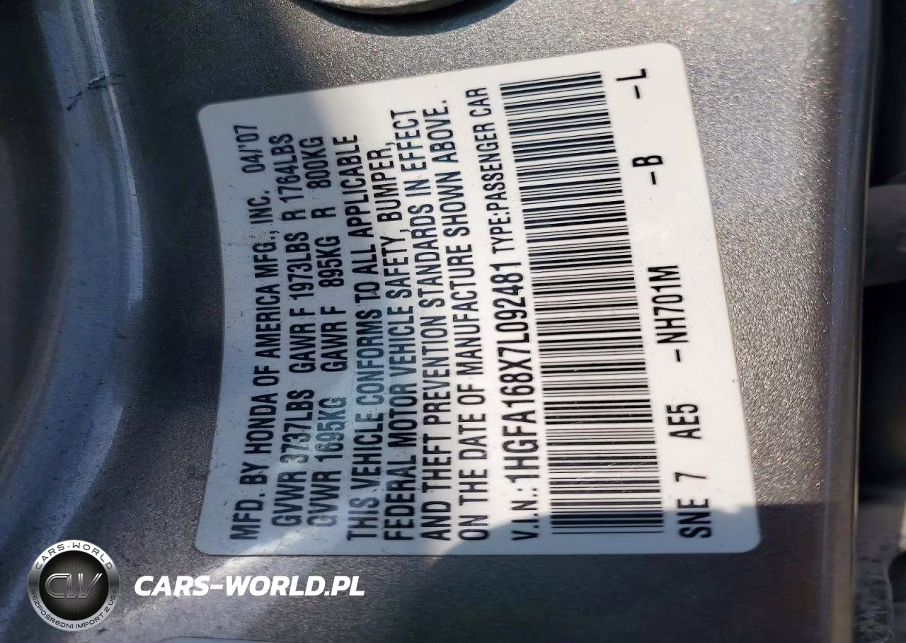 2007 Honda Civic Ex VIN:1HGFA168X7L092481 - 12