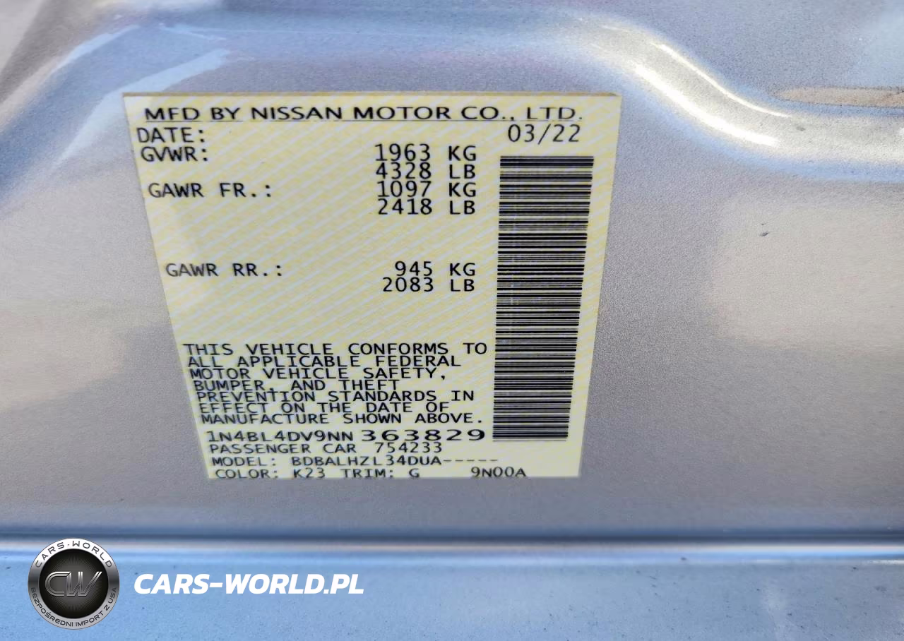 2022 Nissan Altima Sv VIN:1N4BL4DV9NN363829 - 12