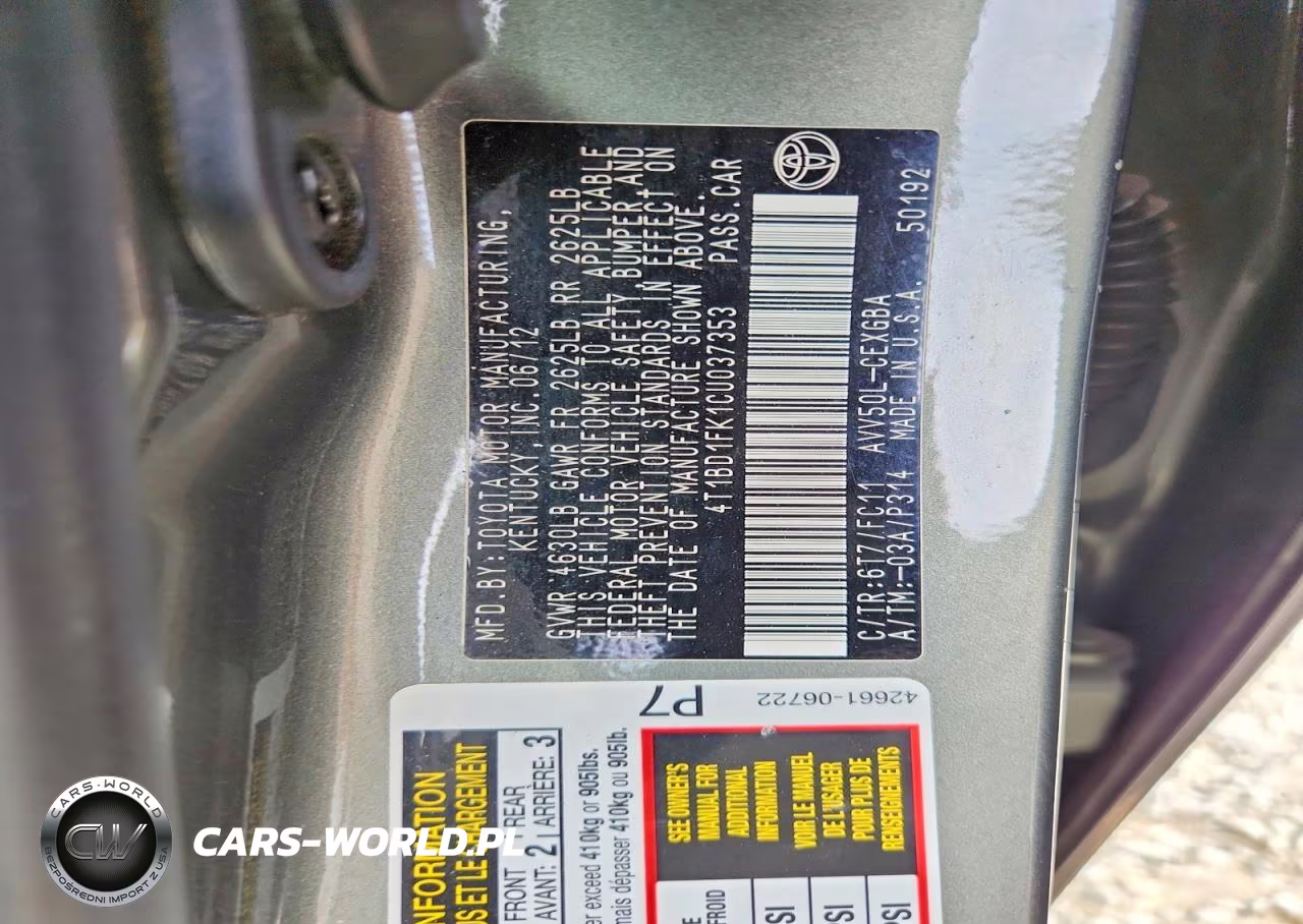 2012 Toyota Camry Hybrid Xle VIN:4T1BD1FK1CU037353 - 12