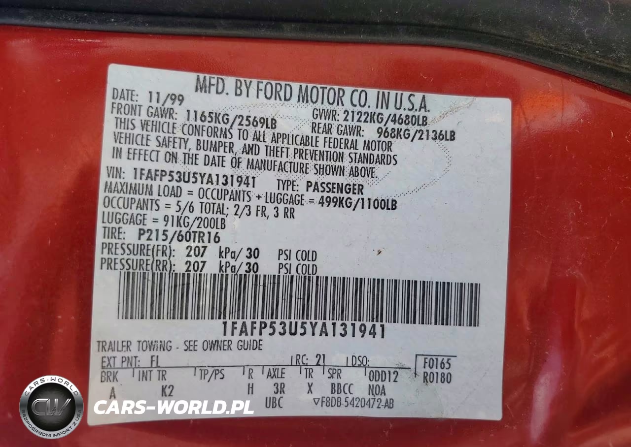 2000 Ford Taurus Se VIN:1FAFP53U5YA131941 - 12