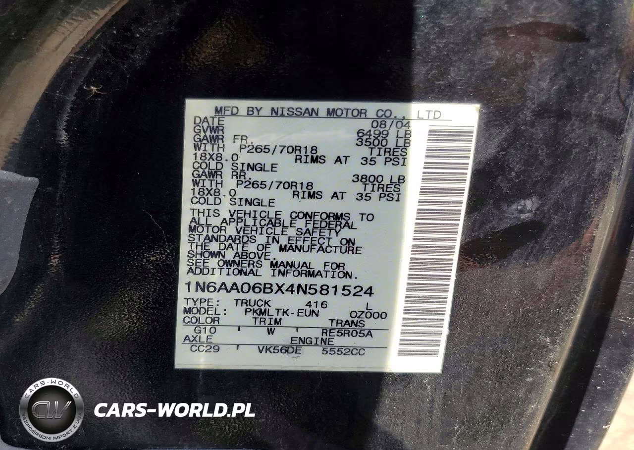 2004 Nissan Titan Xe VIN:1N6AA06BX4N581524 - 12