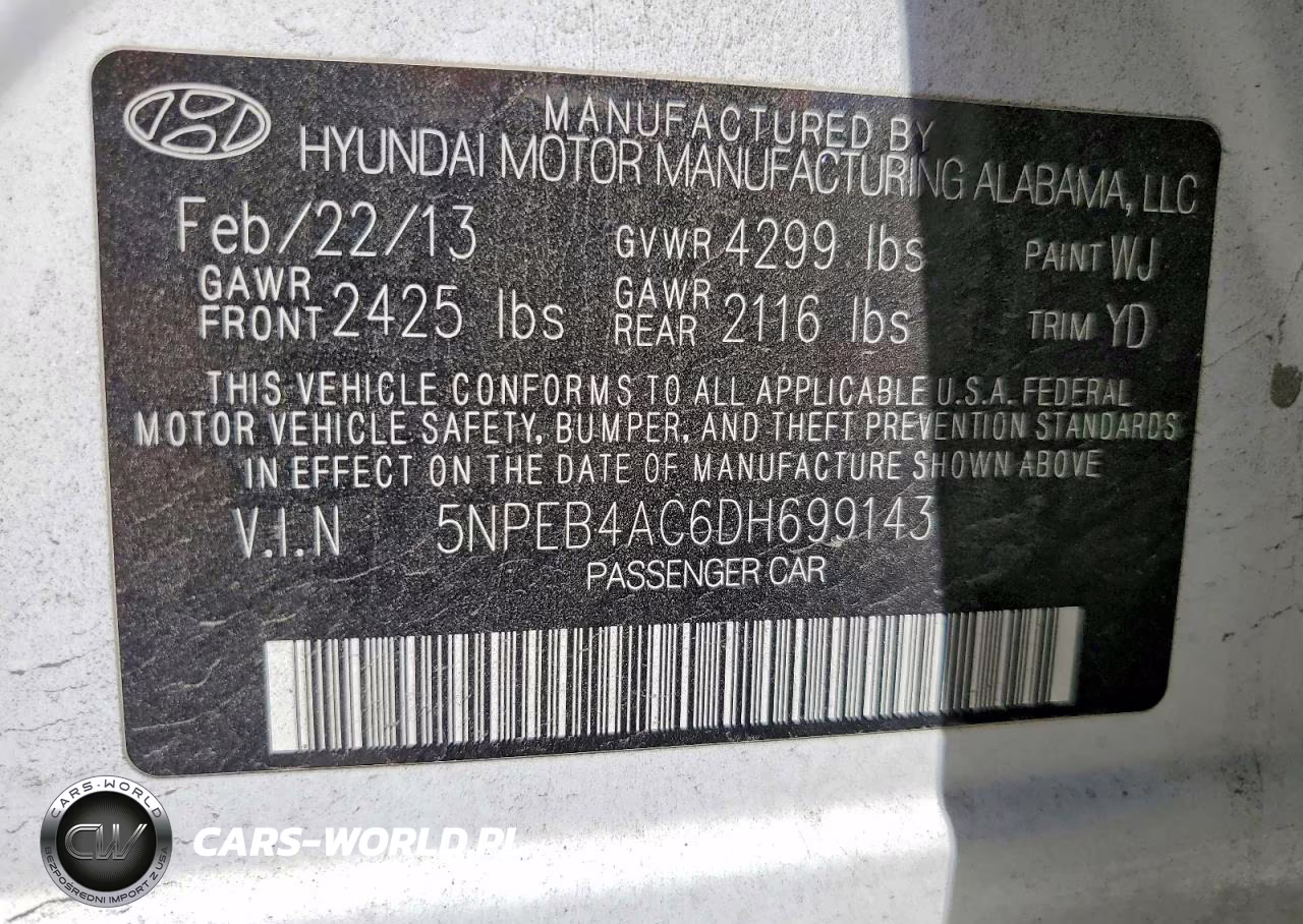 2013 Hyundai Sonata Gls VIN:5NPEB4AC6DH699143 - 12