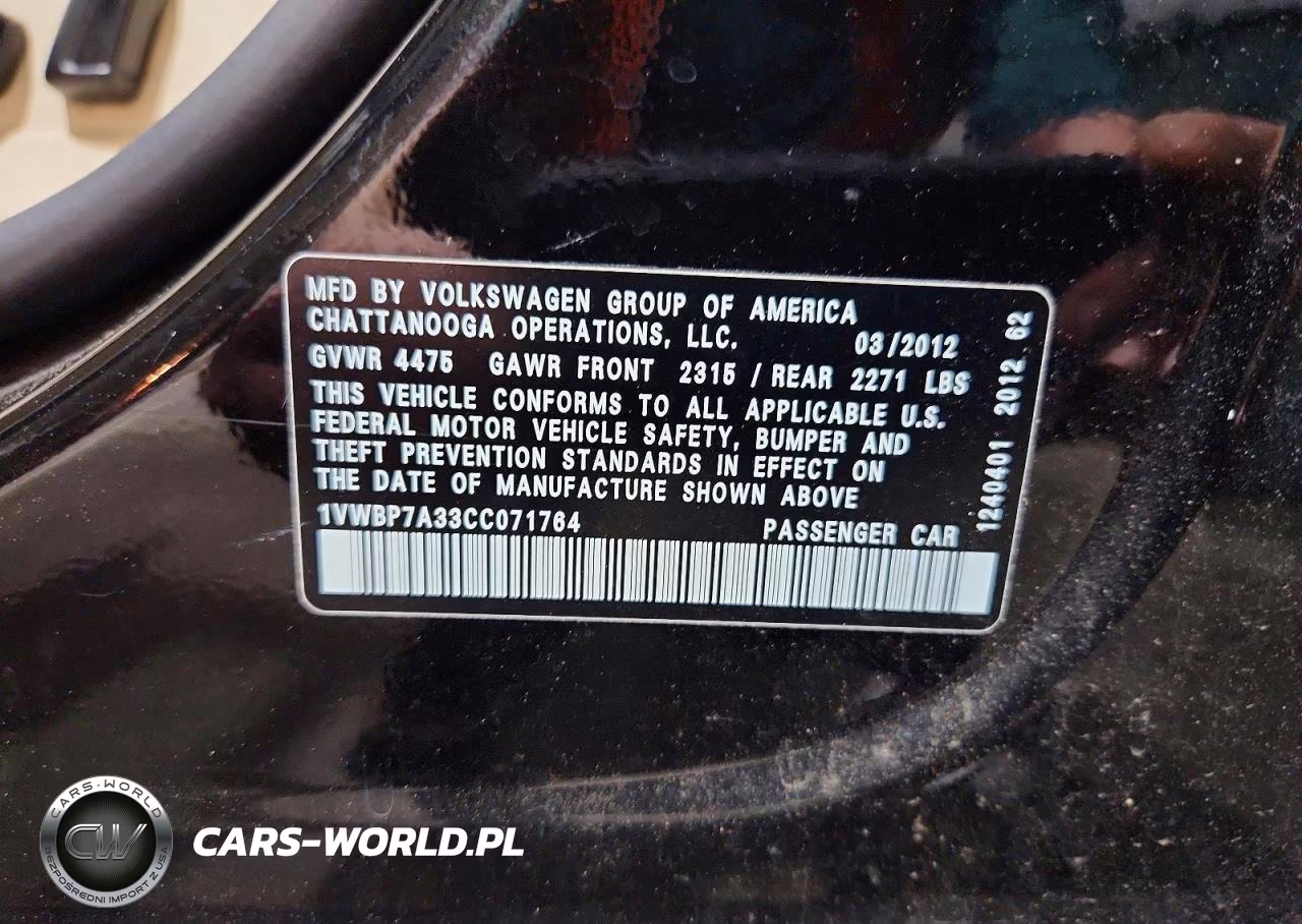2012 Volkswagen Passat Se VIN:1VWBP7A33CC071764 - 12