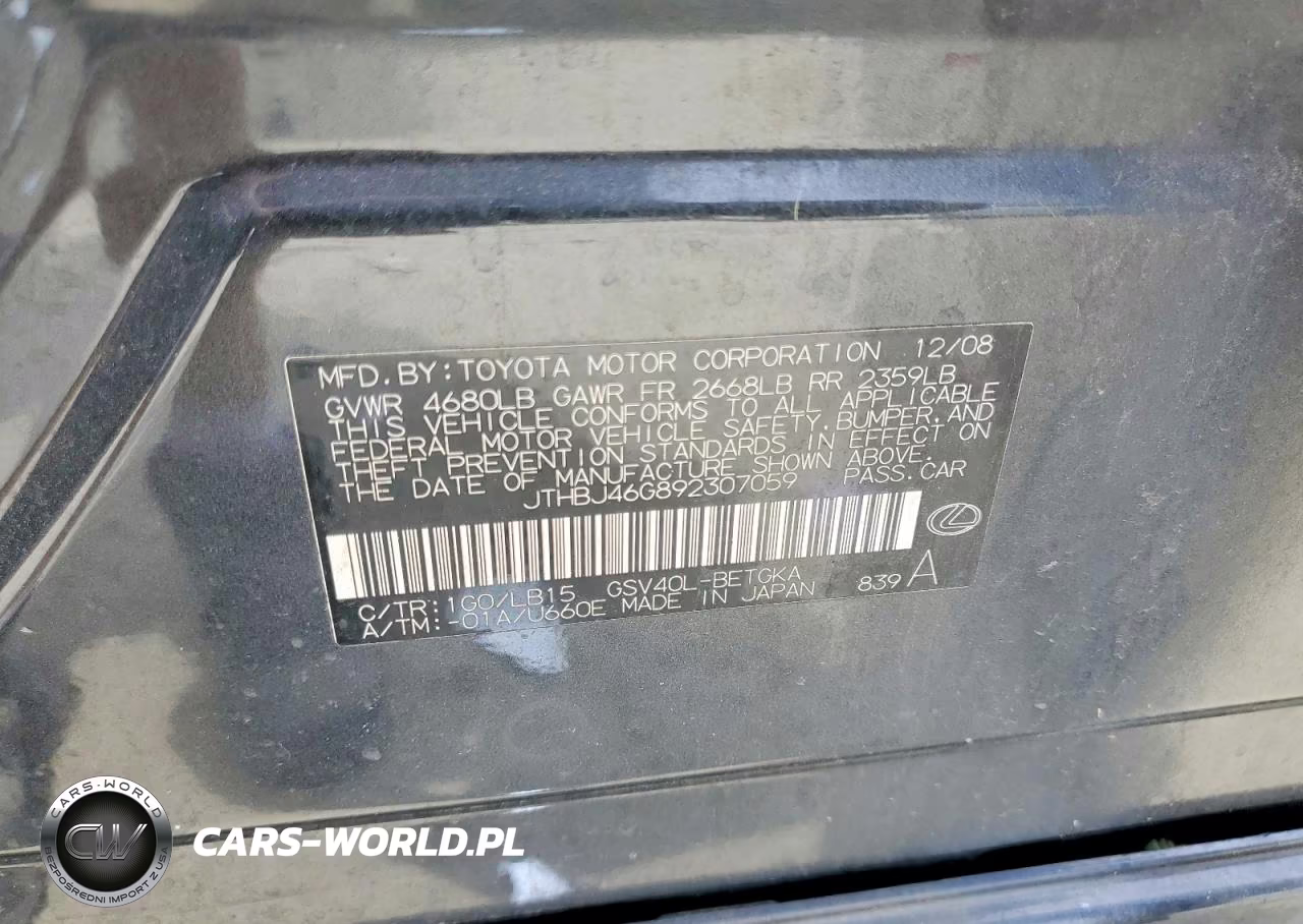 2009 Lexus Es 350 4D VIN:JTHBJ46G892307059 - 13