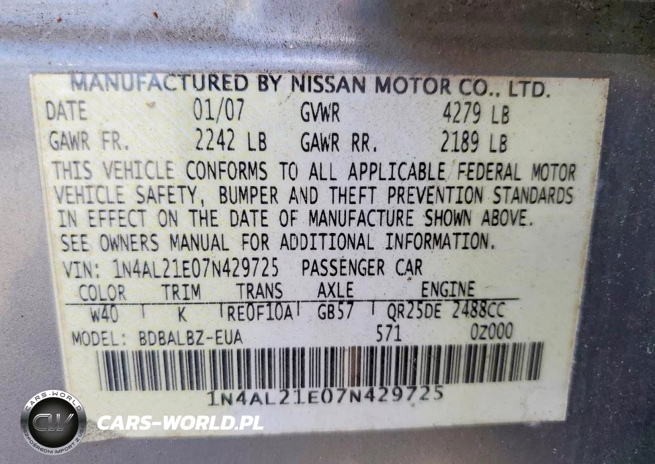 2007 Nissan Altima 2.5 VIN:1N4AL21E07N429725 - 13