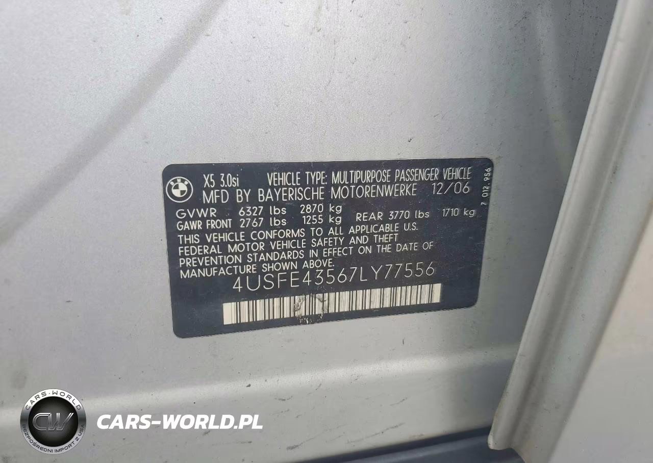 2007 BMW X5 3.0I VIN:4USFE43567LY77556 - 13
