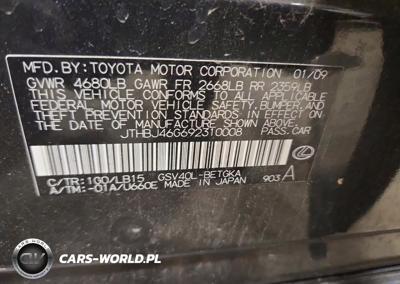 2009 Lexus Es 350 VIN:JTHBJ46G692310008 - 12
